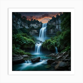 Waterfall At Night 21 Art Print