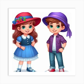 Girl And Boy In Hats Art Print