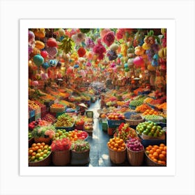 A vibrant and bustling market filled with colorful fruits and flowers.2 Art Print