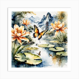 Watercolour Butterflies over Lilly Pond IV Art Print