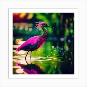 Vibrant Pink Crested Wading Bird in Tropical Lagoon Art Print