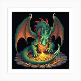 Dragon Curled Around A Treasure Hoard, Eyes Glowing 1 Art Print