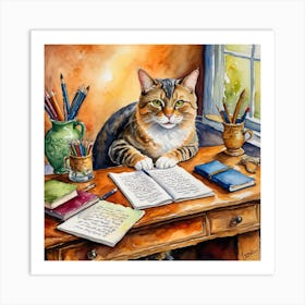 Cat At Desk Art Print