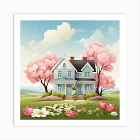Spring House With Pink Flowers art print Art Print