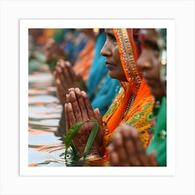 Indian Women Praying In The Water Art Print