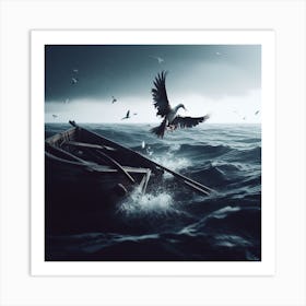 Seagull Flying Over A Boat Art Print