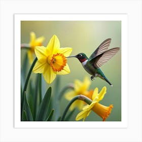 Hummingbird Near Daffodils 1 Art Print