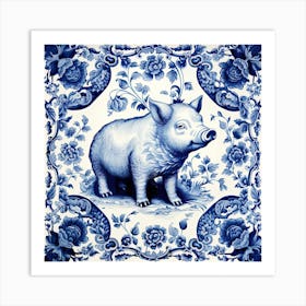 Lucky Pig Delft Tile Illustration 4 Art Print