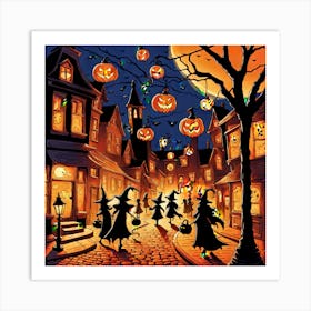 The Picture Captures A Vibrant Halloween Street Scene Adorned With Intricately Carved Jack O Lante Art Print