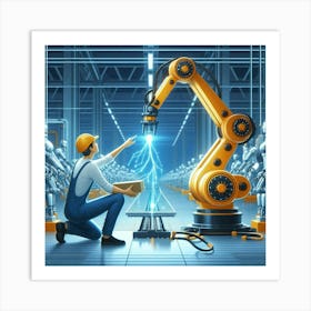 Factory Worker Working With Robots Art Print