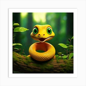 Firefly 3d, Animated, Surprised, Yellow, Baby Snake, Green Eyes, Knot, Tree Branch, Whimsical, Playf (1) Art Print