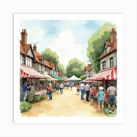 An English Village Fête With Stalls, Games, And Entertainment, Watercolor Art Print