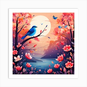 A Bright-Toned Design With Flowers And Leaves Trees And Birds A Beautiful And Simple Picture Blue Bird In The Forest Art Print