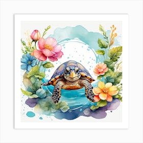 Watercolor Turtle With Flowers Art Print