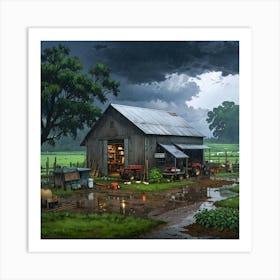 Barn In The Rain 1 Art Print