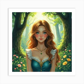 Watercolor Portrait Of A Young Queen In A Lush, Enchanted Forest Art Print