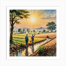 Water Colored Painting Of Landscape Farming Farmer Sun Rising 2d Art Water Color Spray 32k Resolutio 209201876 Art Print