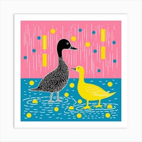 Geometric Pink & Yellow Linocut Style Duckling 4 Art Print
