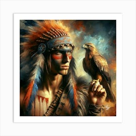 Oil Texture Young Native American Indian With Hawk Art Print