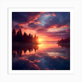 Lake With Vibrant Sunset Art Print