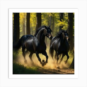 Two Black Horses Running In The Forest Art Print