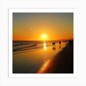 A Serene Sunset Casting A Golden Hue Over A Tranquil Beach Silhouettes Of Relaxed Individuals Strol (1) Art Print