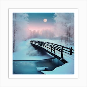 Winter Wonderland, Bridge Snow Covered,  Peaceful, Calm, Blues And Pinks Art Print