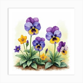 Watercolor Violets And Pansies In A Colorful Garden Scene Art Print