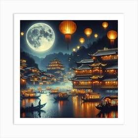 Enchanting Night Scene: Full Moon, Traditional Chinese Boats, and Illuminated Village in Moonlight with Flying Lanterns - Chinese Art Serenity. Art Print