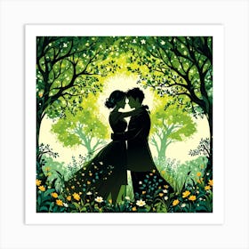 Couple In The Forest, Silhouettes Of Two People Hugging Surrounded By Elements Of Nature Flowers Trees Growing , Silhouette Of Couple In The Forest Art Print