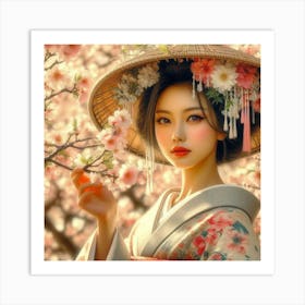 Asian Girl In Cherry Blossoms 1 Art Print