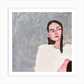 Portrait of a woman in white on a gray background Art Print