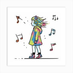 Girl With Headphones And Music Notes Art Print