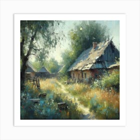 Eastern Europe (Slavic) Village, Acrylic Painting Style Art Print