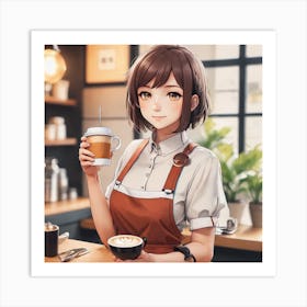 Anime Girl Holding A Cup Of Coffee 1 Art Print