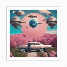 Make A Surreal Vintage Collage Of A Field With Planet Earth At The Center, A Couple Watching, Flying (8) Art Print