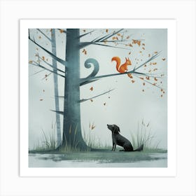 Quiet Encounter Tree, Squirrel, And Dog (1) Art Print