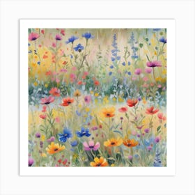 Multicolored Wildflowers Watercolor Field Drawing Summer 2 Art Print