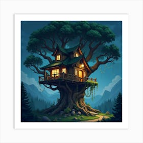 Magical Treehouse With Glowing Lights, Nestled In A Giant Ancient Tree 1 Art Print