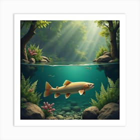 Trout Swimming Near Blooming Ferns 1 Art Print