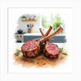 Watercolor Painting Of A Tender And Juicy Grilled Lamb Chops On A Modern Kitchen Counter Art Print