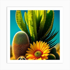 Cactus And Sunflower Art Print