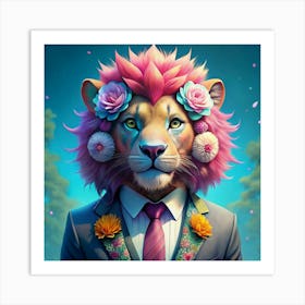 Lion In A Suit With Floral Decorations Art Print