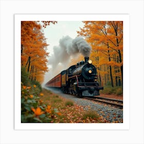 Charming Old Train Passing Through A Vibrant Fall Foliage 1 Art Print