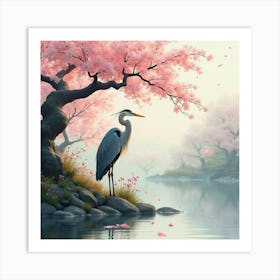 Heron By Cherry Blossom Tree 1 Art Print