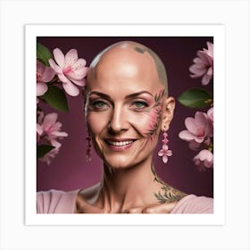 Bald Woman With Tattoos And Flowers Art Print