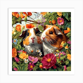 Guinea Pigs Among Garden Blooms Art Print