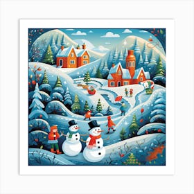 Snowman Village 3 Art Print