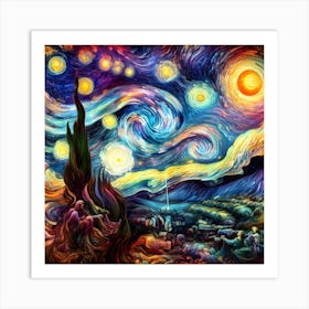 scene blending the swirling cosmic colors of Vincent van Gogh's Starry Night with the surreal celestial precision of Salvador Dalí 2 Art Print