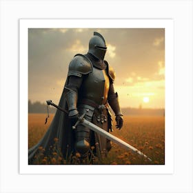 A Battle Worn Knight Holding A Glowing Sword In A Field 1 Art Print